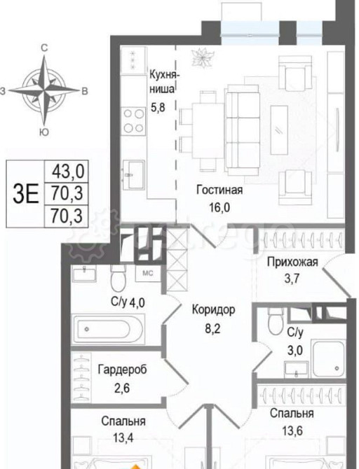 3-комн. квартира, 70.3 м2, 6/8 эт. Королев - изображение 1