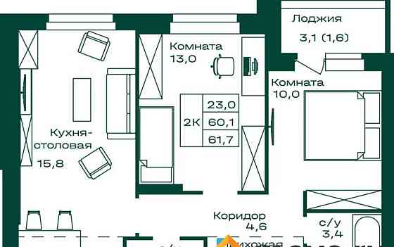 2-комн. квартира, 61.7 м2, 4/8 эт. Майма