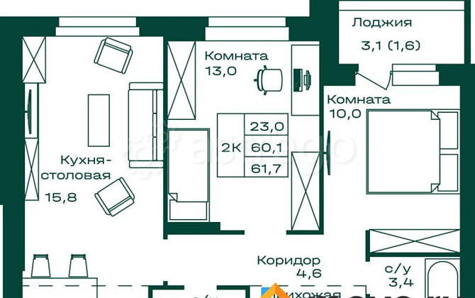 2-комн. квартира, 61.7 м2, 4/8 эт. Майма - изображение 1