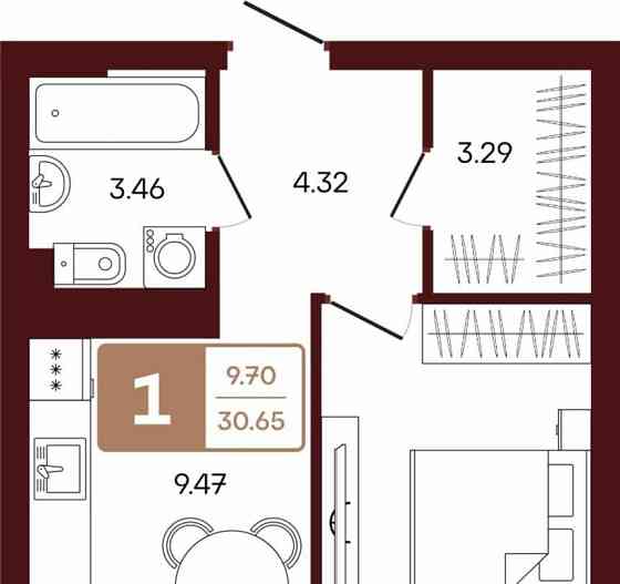 1-комн. квартира, 30.65 м2, 3/3 эт. Иглино