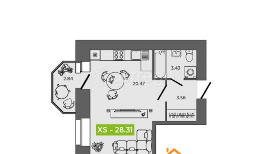 Студия, 28.31 м2, 8/9 эт. Северодвинск - изображение 1