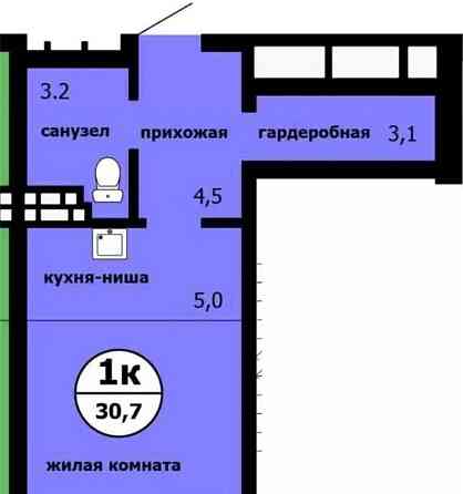 Студия, 30.7 м2, 4/9 эт. Красноярск
