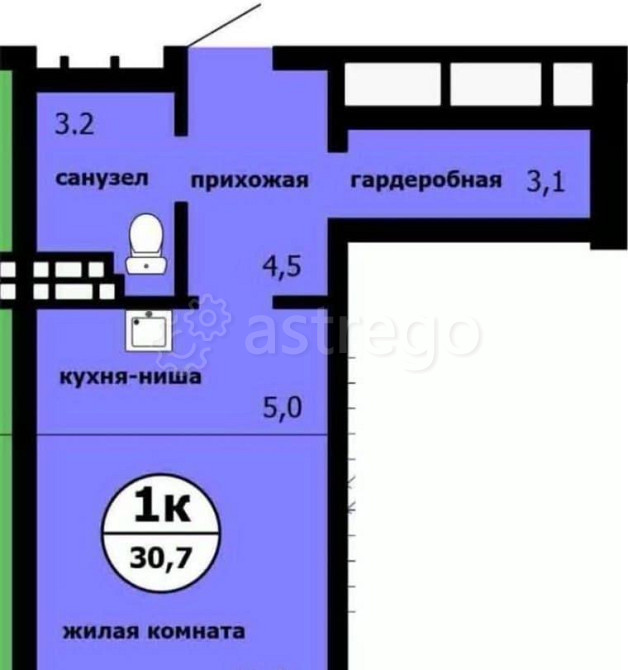 Студия, 30.7 м2, 4/9 эт. Красноярск - изображение 1