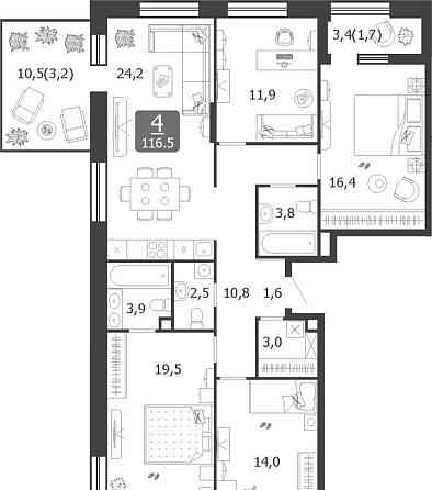 4-комн. квартира, 116.5 м2, 13/19 эт. Москва