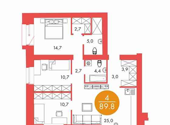 4-комн. квартира, 89.8 м2, 2/17 эт. Красноярск