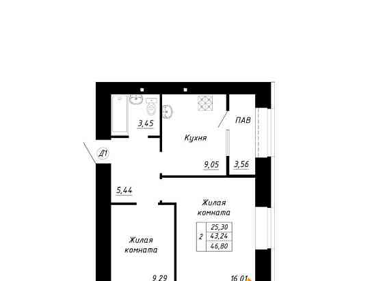 2-комн. квартира, 46.8 м2, 2/14 эт. Стерлитамак