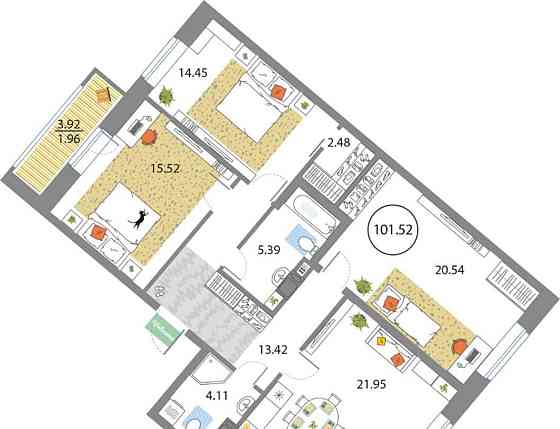 3-комн. квартира, 101.52 м2, 6/12 эт. Санкт-Петербург