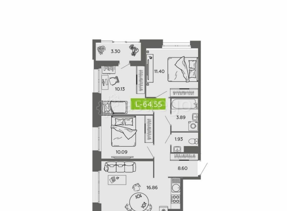 3-комн. квартира, 64.55 м2, 4/16 эт. Архангельск - изображение 1