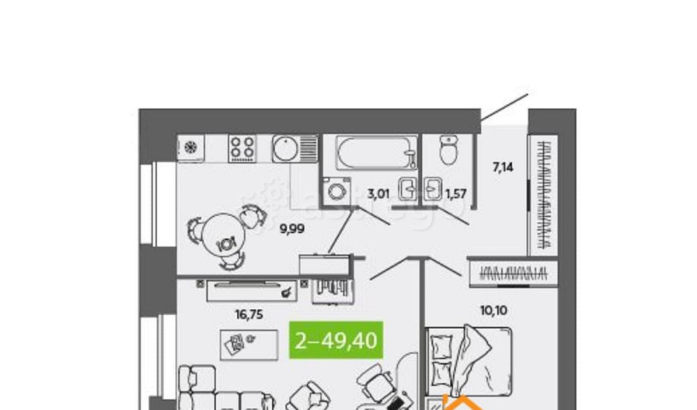 2-комн. квартира, 49.4 м2, 8/8 эт. Северодвинск - изображение 1