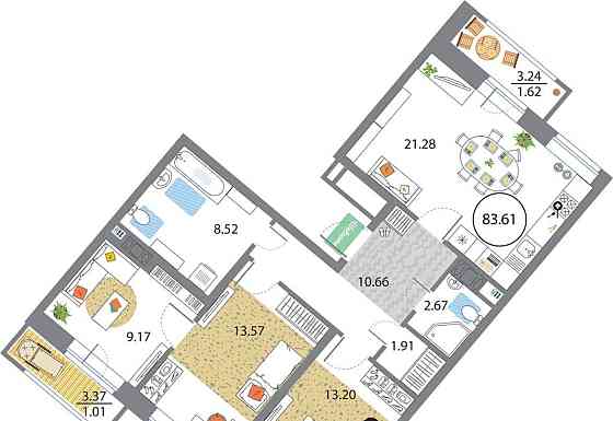 3-комн. квартира, 83.61 м2, 12/12 эт. Санкт-Петербург