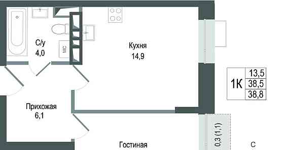 1-комн. квартира, 38.5 м2, 5/8 эт. Королев