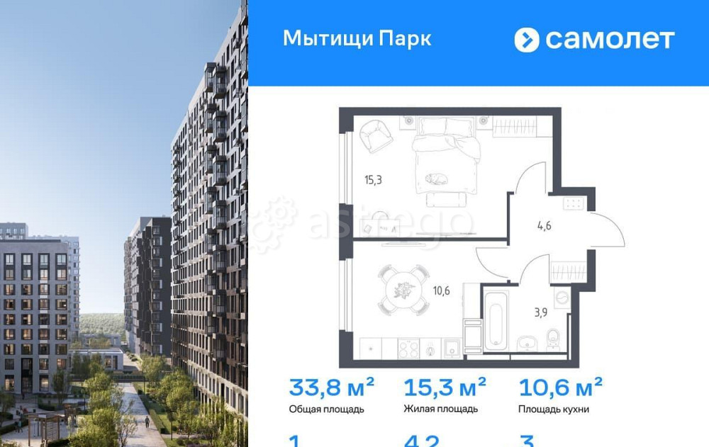 1-комн. квартира, 33.8 м2, 3/17 эт. Мытищи - изображение 1