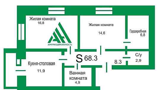 2-комн. квартира, 68.9 м2, 6/12 эт. Благовещенск