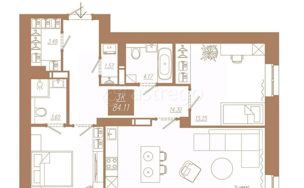 3-комн. квартира, 84.11 м2, 9/23 эт. Красноярск - изображение 1