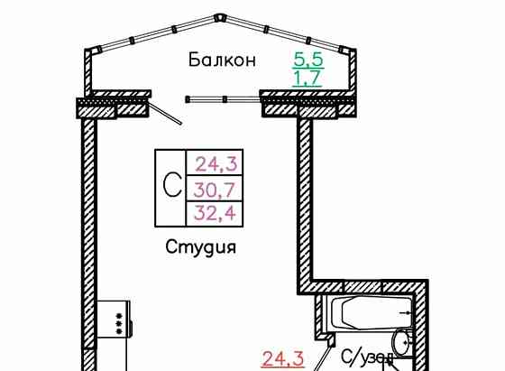 Студия, 32.4 м2, 7/13 эт. Старый Оскол
