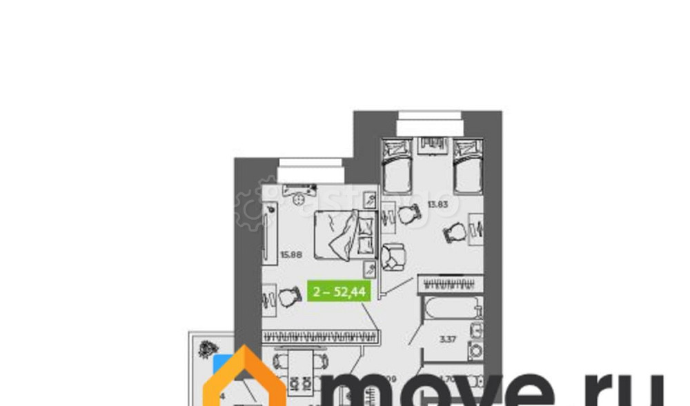 2-комн. квартира, 52.44 м2, 9/9 эт. Северодвинск - изображение 2