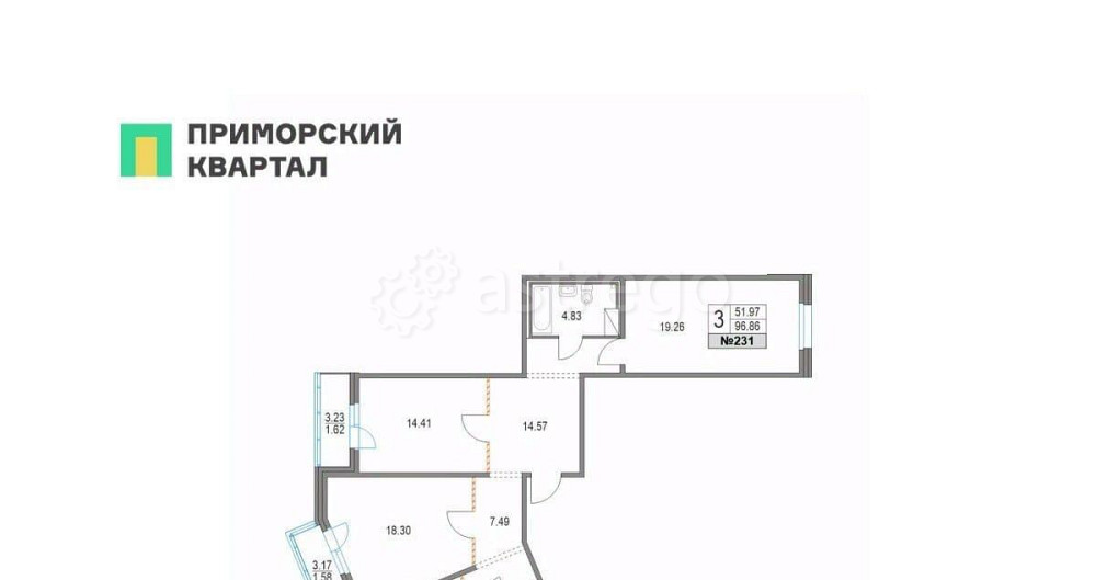 3-комн. квартира, 96.7 м2, 7/19 эт. Санкт-Петербург - изображение 1