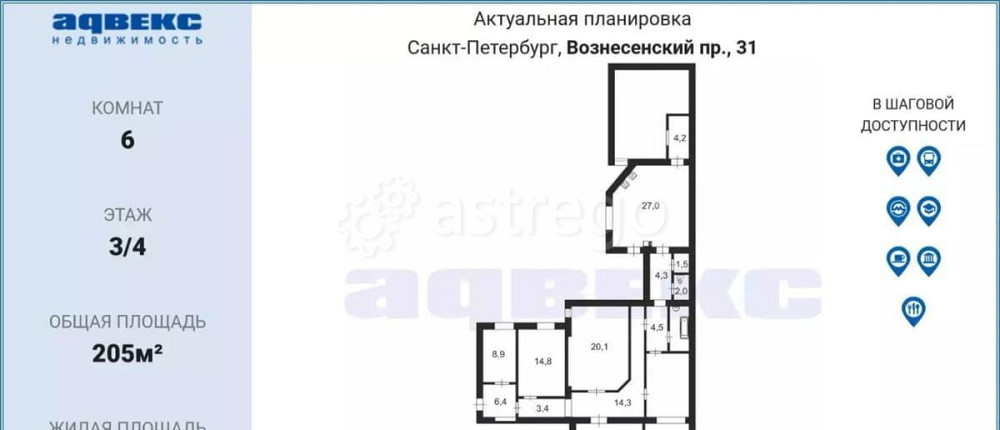6-комн. квартира, 205 м2, 3/4 эт. Санкт-Петербург - изображение 3