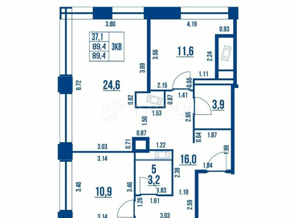 3-комн. квартира, 89.4 м2, 8/19 эт. Санкт-Петербург - изображение 2