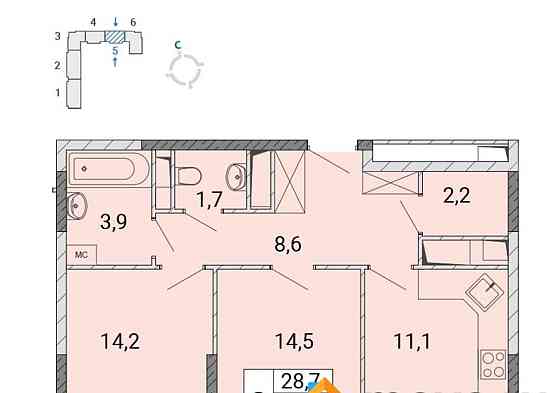 2-комн. квартира, 57.8 м2, 12/17 эт. Балашиха