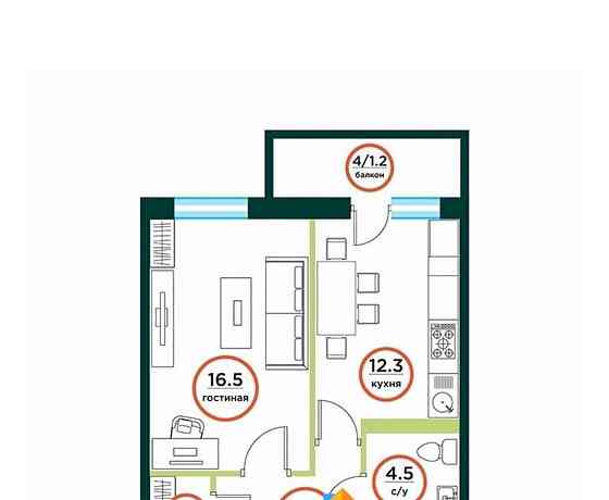 1-комн. квартира, 42.47 м2, 3/8 эт. Емельяново