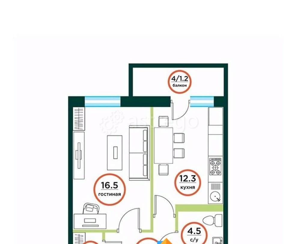 1-комн. квартира, 42.47 м2, 3/8 эт. Емельяново - изображение 1