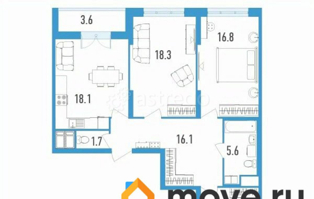3-комн. квартира, 96.6 м2, 8/18 эт. Санкт-Петербург - изображение 1