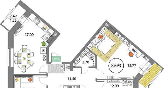 3-комн. квартира, 89.93 м2, 12/12 эт. Санкт-Петербург