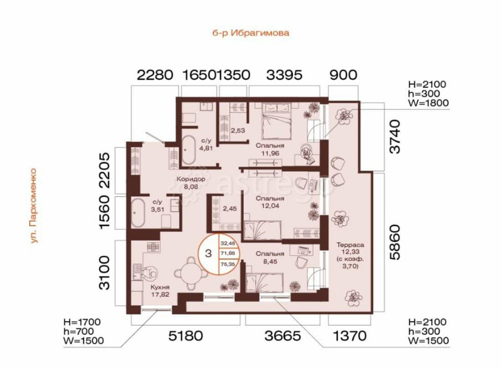 3-комн. квартира, 75.35 м2, 10/32 эт. Уфа - изображение 1