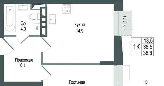 1-комн. квартира, 38.5 м2, 4/8 эт. Королев