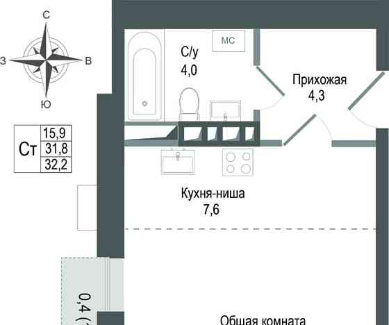 Студия, 31.8 м2, 2/8 эт. Королев