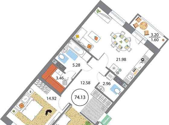 2-комн. квартира, 74.13 м2, 4/12 эт. Санкт-Петербург