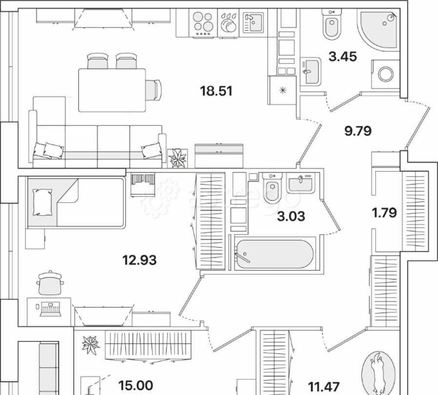 3-комн. квартира, 77.59 м2, 12/12 эт. Санкт-Петербург - изображение 1