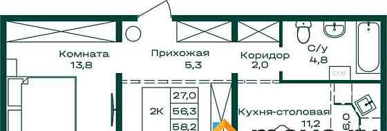 2-комн. квартира, 58.2 м2, 6/8 эт. Майма