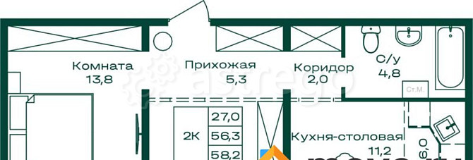 2-комн. квартира, 58.2 м2, 6/8 эт. Майма - изображение 1