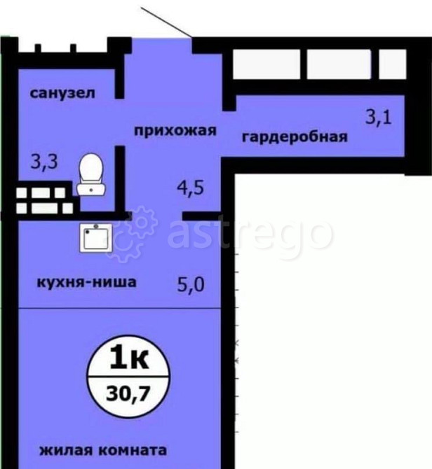 Студия, 30.7 м2, 7/9 эт. Красноярск - изображение 1