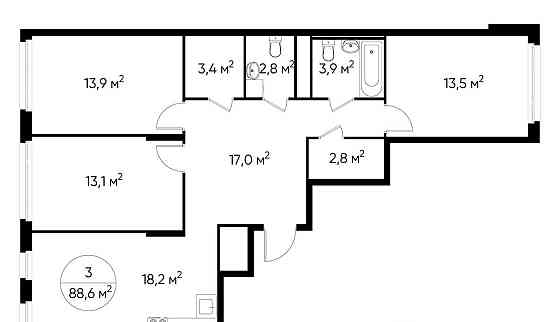 3-комн. квартира, 88 м2, 9/17 эт. Москва