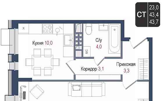 1-комн. квартира, 43.4 м2, 2/8 эт. Королев