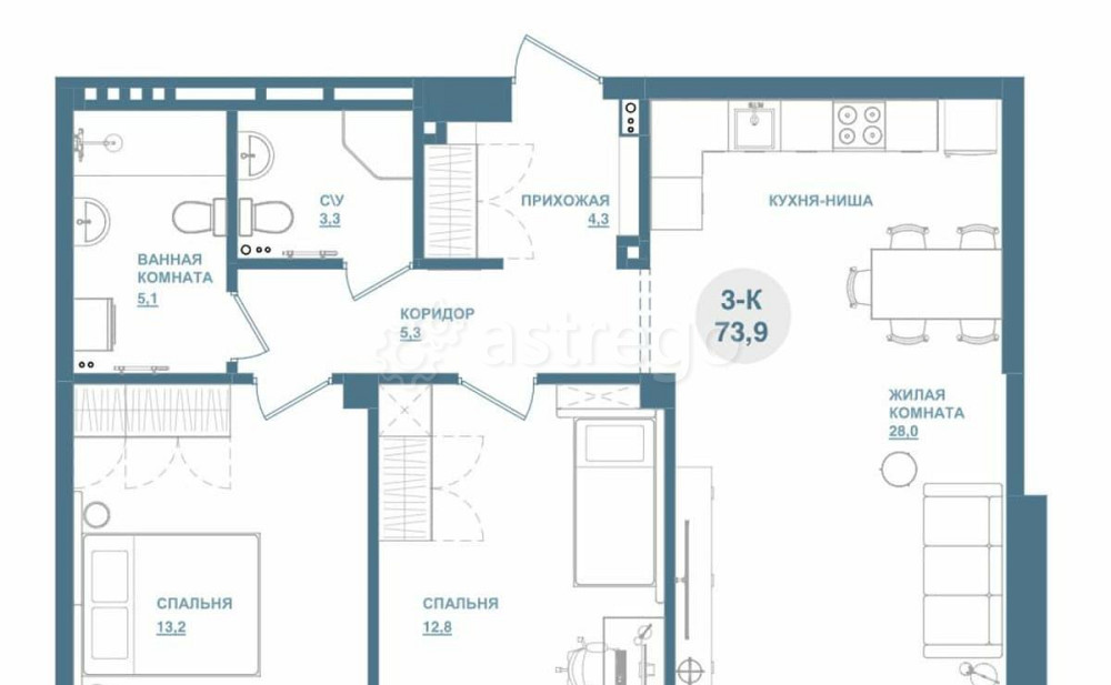 3-комн. квартира, 73.9 м2, 2/19 эт. Красноярск - изображение 1