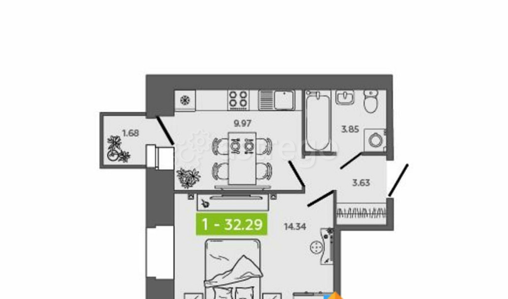 1-комн. квартира, 32.29 м2, 4/9 эт. Северодвинск - изображение 1