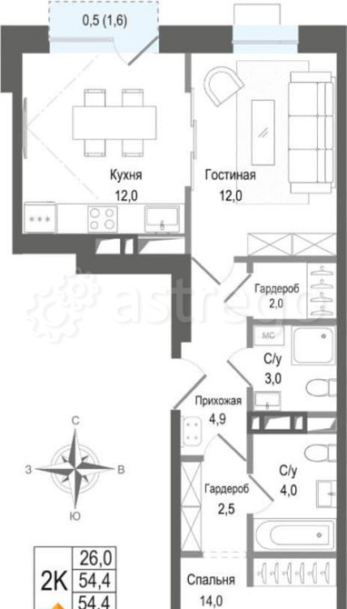 2-комн. квартира, 54.4 м2, 1/8 эт. Королев - изображение 1