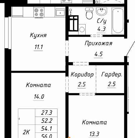 2-комн. квартира, 54.1 м2, 7/10 эт. Барнаул