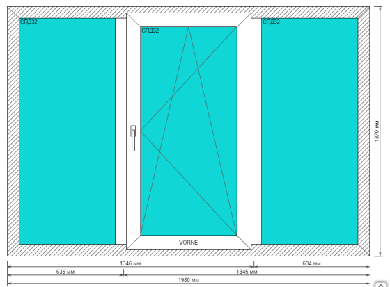 Окно EXPROF, 3-х ств, центральная поворотно-откидная створка, черный уплотнитель, фурнит VORNE, СПД  Красноярск