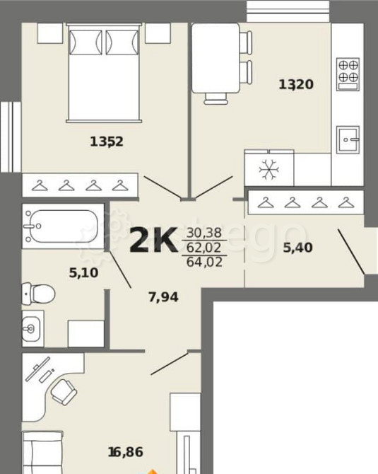 2-комн. квартира, 64.02 м2, 3/8 эт. Майма - изображение 1