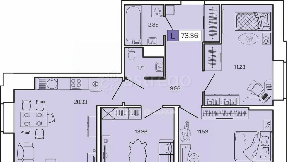 3-комн. квартира, 73.36 м2, 13/16 эт. Архангельск - изображение 1