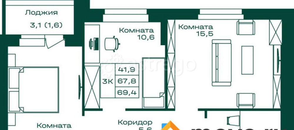 3-комн. квартира, 69.4 м2, 2/8 эт. Майма - изображение 1