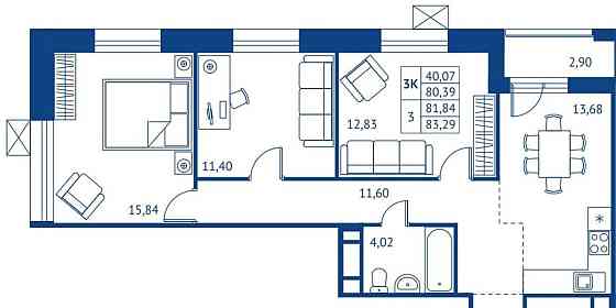3-комн. квартира, 80.39 м2, 9/22 эт. Королев