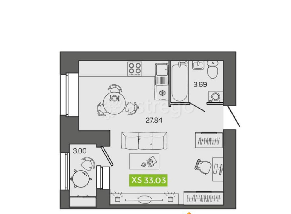 Студия, 33.03 м2, 3/8 эт. Северодвинск - изображение 1