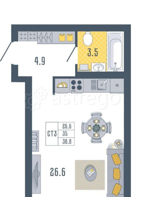 Студия, 38.8 м2, 9/17 эт. Астрахань - изображение 1