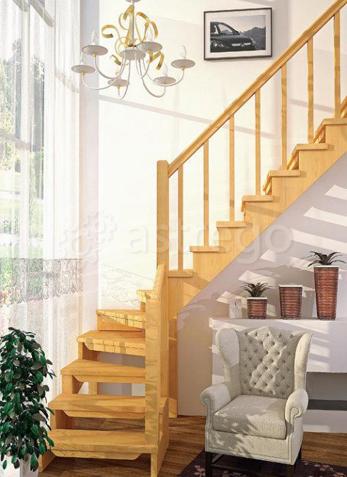 Деревянная лестница с поворотом ЛЕС-09 универсальная маршевая Новосибирск - изображение 1